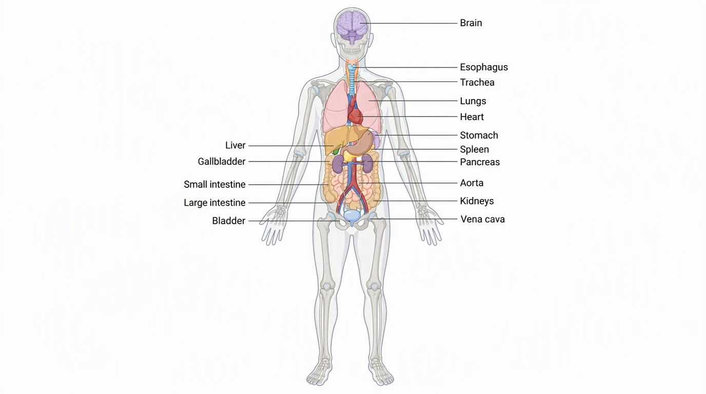 Labelled illustration of the human organs, including the brain, lungs, heart, liver and intestines